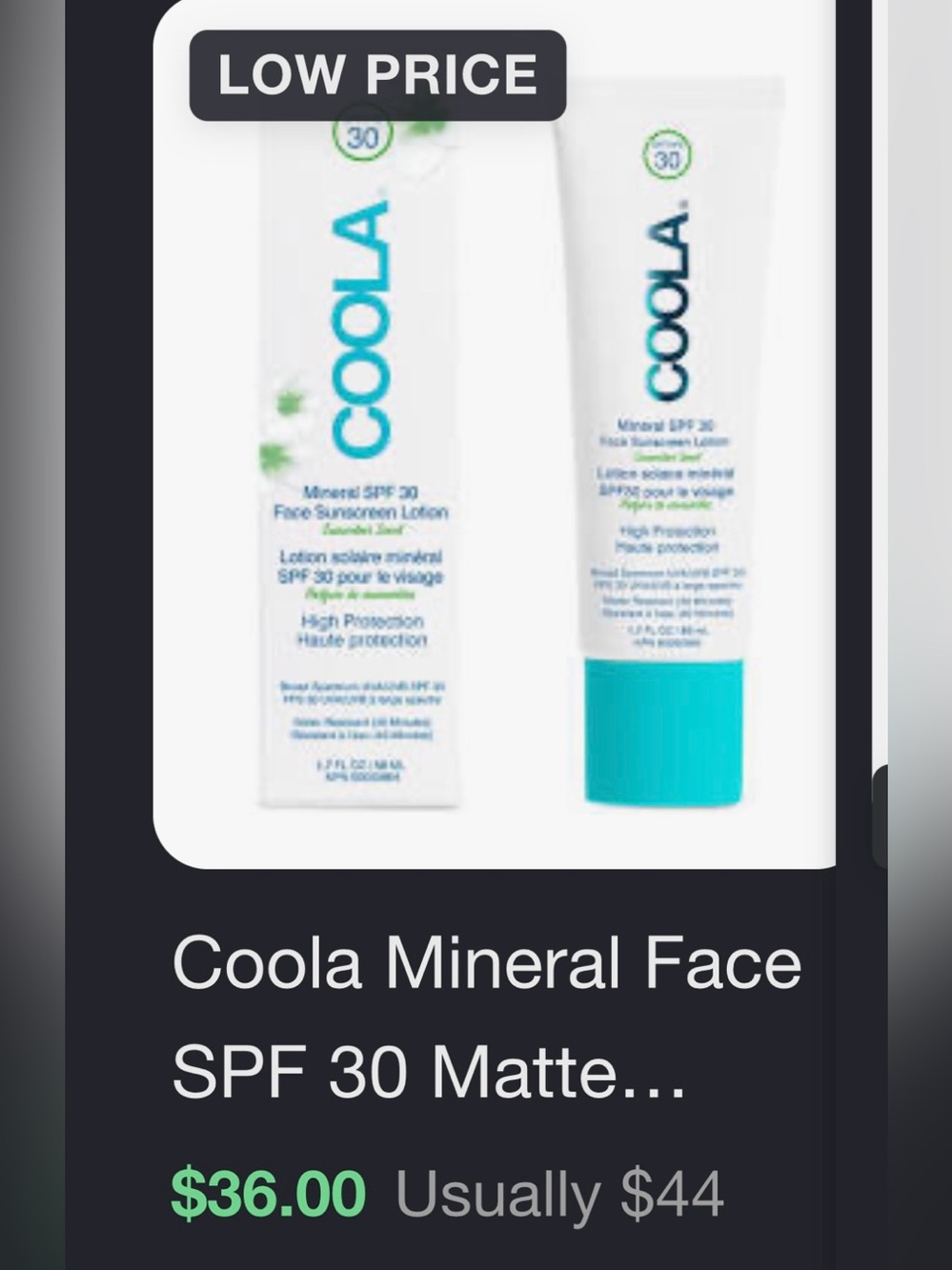NEW COOLA Mineral Face SPF 30 Matte Finish - 1.2 fl oz.